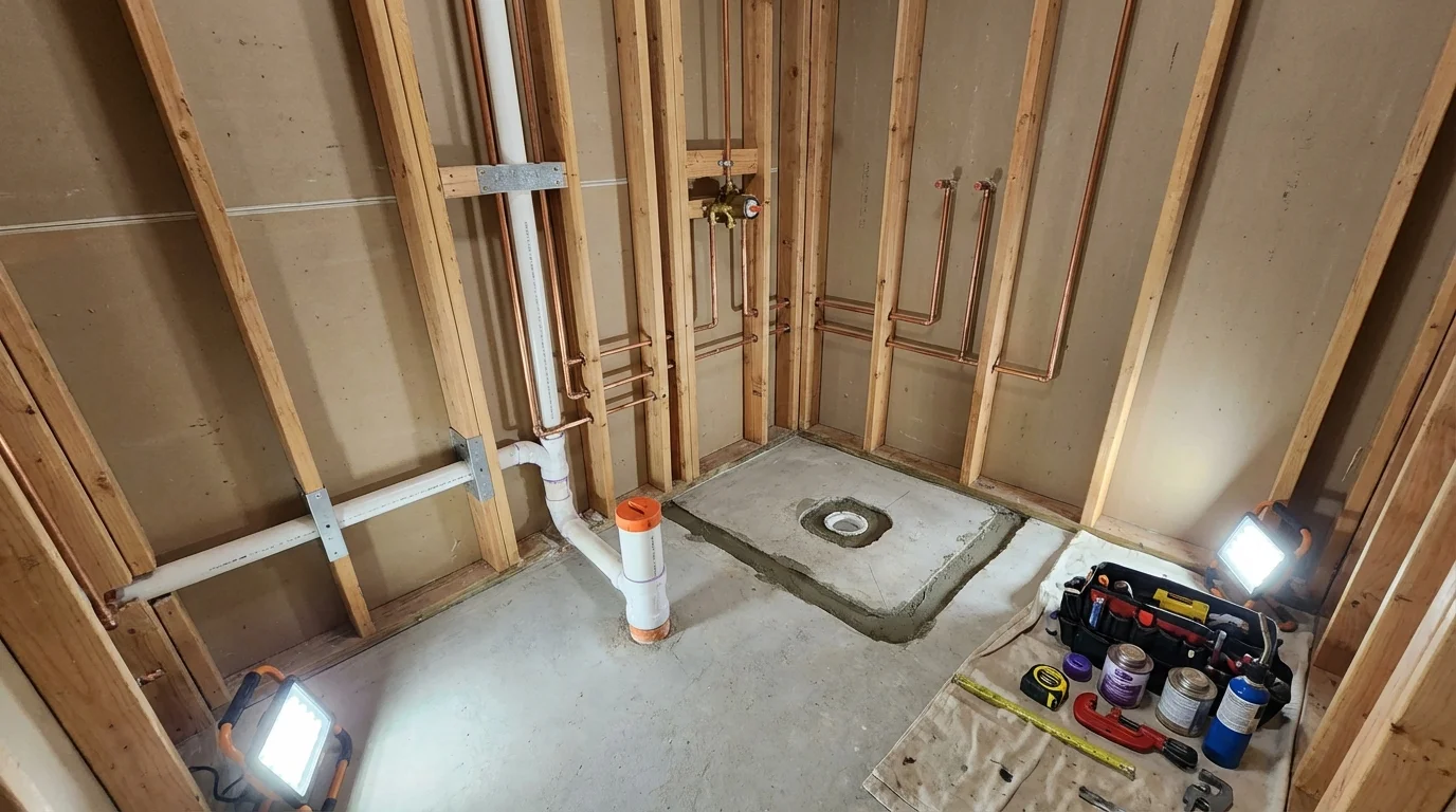 Bathroom rough-in plumbing during remodel by Johns Plumbing LLC in Bethpage