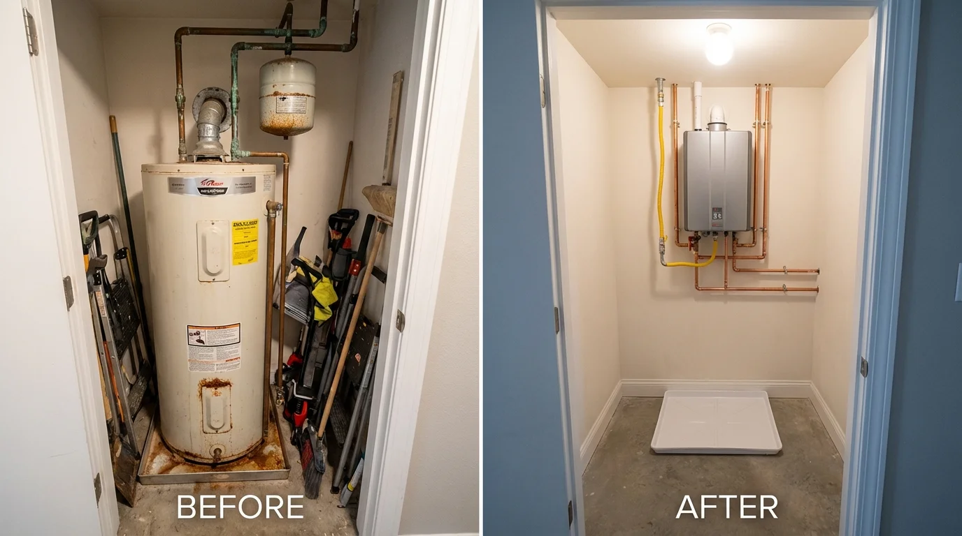 Tank water heater versus wall-mounted tankless unit comparison for Bethpage, NY homeowners