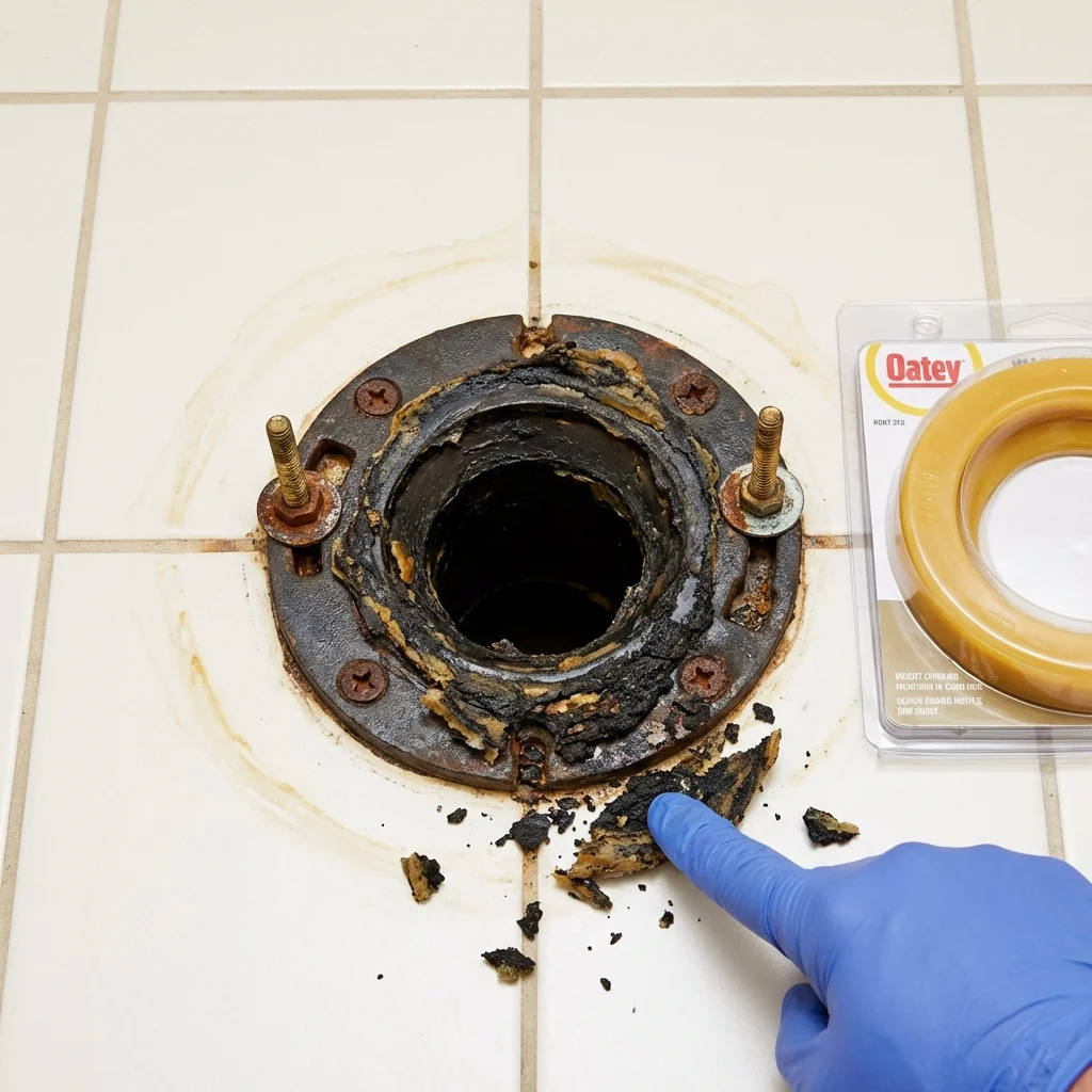 Failed wax ring showing water seepage at the base of a toilet in a Bethpage, NY home