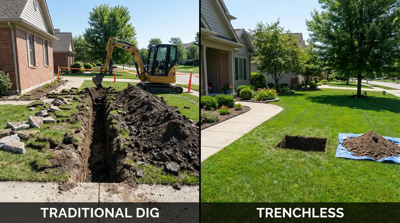 Trenchless sewer repair with minimal yard damage versus traditional excavation in Bethpage, NY