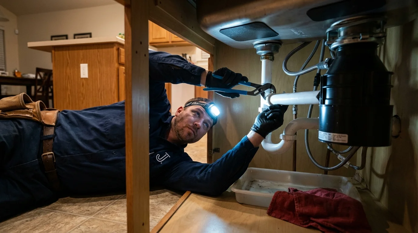 P-trap and supply line connections under a kitchen sink showing a common leak point in Bethpage, NY